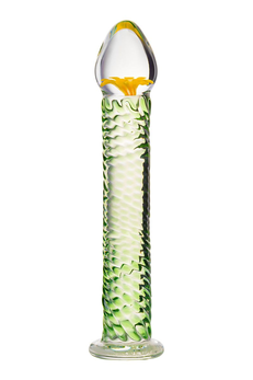 Stakleni dildo sa spiralnim reljefom je 16,5 cm.