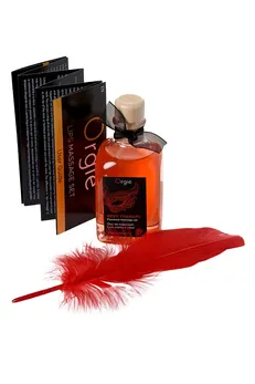 Orgie Lips masažni komplet za igre sa ukusom jagode (jestivo ulje, pero) 100ml