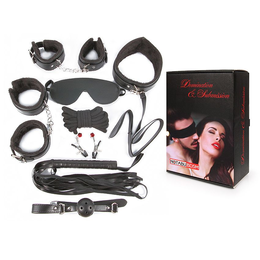 BDSM veliki set za igru: lisice, okovi, maska, geg, pletenica, ogrlica sa povodcem, konopac, kopče za bradavice
