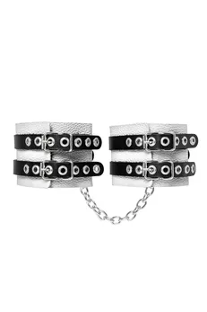Pecado BDSM okovi, mekani, sa dve trake, sa ušicama, prirodna koža, belo-crni