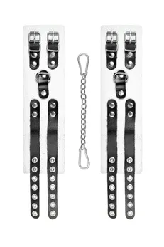 Pecado BDSM okovi, mekani, sa dve trake, sa ušicama, prirodna koža, belo-crni
