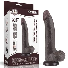Smeđi dildo sa skrotumom 8.5 Sliding Skin Dual Laier Dong na usisnoj čaši-22 cm.