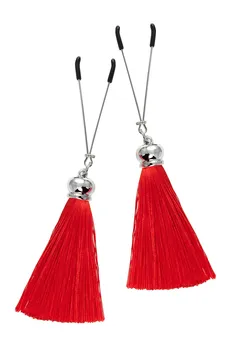 Kopče za bradavice Pecado BDSM, viljuške, sa resicama od svile, metal, crveno