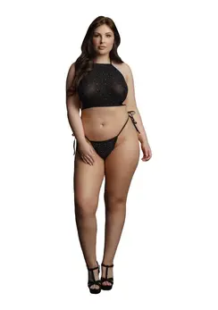 Vrh i gaćice sa kamenčićima Festive Rhinestone Top and Thong Plus size (Crna)