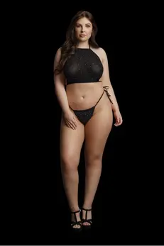 Vrh i gaćice sa kamenčićima Festive Rhinestone Top and Thong Plus size (Crna)