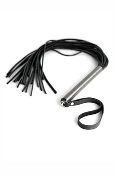 Mala crna pletenica od kože sa bronzanom drškom - 60 cm.