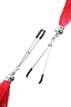 Kopče za bradavice Pecado BDSM, viljuške, sa resicama od svile, metal, crveno