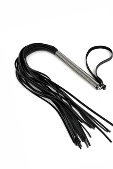 Mala crna pletenica od kože sa bronzanom drškom - 60 cm.