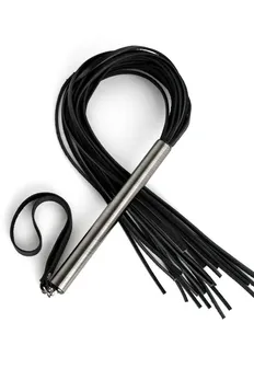 Mala crna pletenica od kože sa bronzanom drškom - 60 cm.