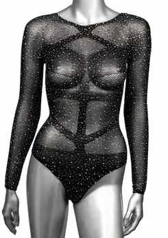 CalExotics Radiance bodi dugih rukava, mrežasti sa cirkonima, crni, univerzalna veličina