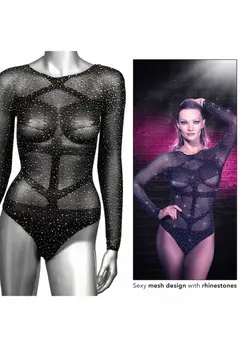 CalExotics Radiance bodi dugih rukava, mrežasti sa cirkonima, crni, univerzalna veličina