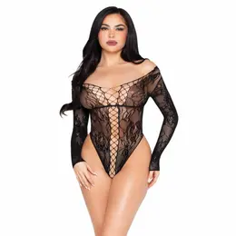 Leg Avenue crni čipkani bodi, elegantan bodi sa cvetnom čipkom, S/M