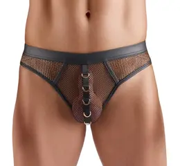 Svenjoyment Thong Net XL, crna mrežica sa wetlook detaljima i zlatnim prstenovima