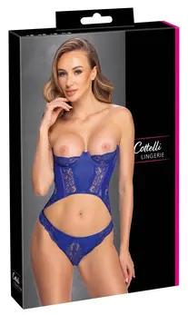 Cottelli Lingerie plavi komplet sa korsetom bez naramenica S čipka i wetlook efekat