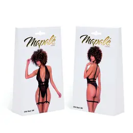Mapale Sheer Bodysuit L/XL Black with Deep Neckline & Garters