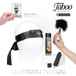 Taboo Nights Set 4: Set za masažu sa uljem za zagrevanje i dodacima