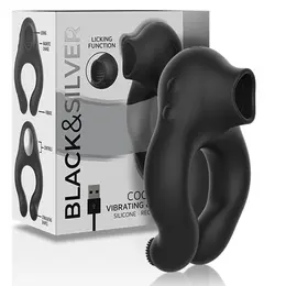 Black&Silver Licking punjivi silikonski intimni prsten sa 3 motora crni