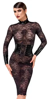 Noir Handmade Kink Royal crna čipkana midi haljina sa powerwetlook detaljima L