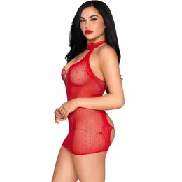 Leg Avenue 81675 crvena mrežasta mini haljina sa halter izrezom i tufnicama univerzalna veličina