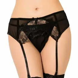 Queen Lingerie S/M Black Lace Thong with Garter Belt - Elegant Floral Design