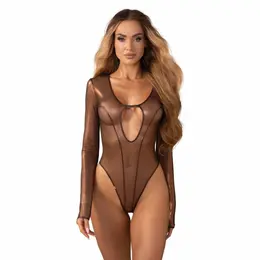 Obsessive Soranna smeđi providni bodi dugih rukava sa otvorenim preponama 2XL/3XL