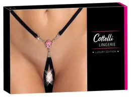 Cottelli Lingerie podesive tangice sa draguljem S-L, crne sa roze detaljem