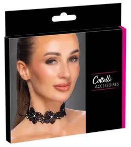 Cottelli ACCESSOIRES elegantni crni čipkani čoker sa biserima, podesiva veličina S do L
