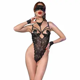 Chilirose CR 4488 crni čipkani bodi set S/M sa maskom i rukavicama