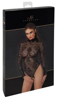 Noir Handmade Body Collar S, crni bodi od čipke i powerwetlook materijala, veličina S