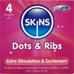 SKINS Dots & Ribs Premium Teksturirani Lateks Kondomi 4-Pak Vanila Miris