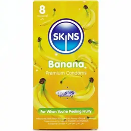 Skins Banana Premium kondomi, pakovanje od 8 komada, sa mirisom, dodatno lubrikovani, prirodno prianjanje