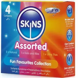 Skins Assorted Premium kondomi pakovanje od 4 komada, miks klasičnih, rebrastih, tačkastih i ultra tankih modela