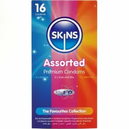 Skins Premium Assorted mešavina kondoma od lateksa pakovanje od 16 komada sa različitim teksturama i ultra tankim dizajnom