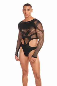 Out Of Orbit Black Lace Mesh Men's Bodysuit - Stylish Openwork Design L/XL