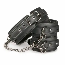 EasyToys Faux Leather Adjustable Collar with Ankle Cuffs Black Set
