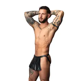 Male Power Jock suknja L/XL crna, veštačka koža, plisirana, sa nitnama