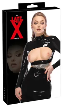 LateX Crop Top Black M sa ruskom kragnom, dugim rukavima i otvorenim prednjim delom