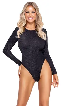 Cottelli PARTY Body Glitter XL, srebrni sjaj, dugi rukavi, tanga model