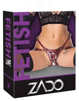 ZADO kožni strap-on pojas S/M podesivi crno crveni sa metalnim detaljima
