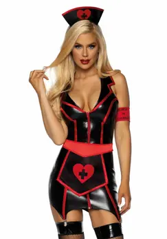 Leg Avenue Vinyl Nurse Dress Costume Set - 4-Piece, Black, S/M