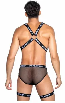 Playboy Lingerie Men's Dark Room Suspender Set with Fishnet Back, Black