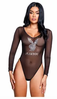 Playboy Sparkling Bunny Teddy - Mesh & Satin Bodysuit, Rhinestone Logo