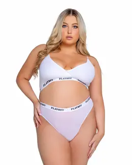 Playboy Lifestyle Curvy 2-Piece Lingerie Set White - Iconic Logo Design