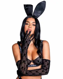 Playboy Lingerie Bunny Noir Black Transparent Gloves, Iconic Logo