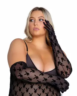 Playboy Lingerie Bunny Noir Black Transparent Gloves, Iconic Logo