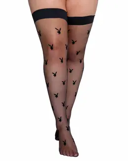 Playboy Bunny Noir Sheer Stockings with Signature Logo, Black, One Size