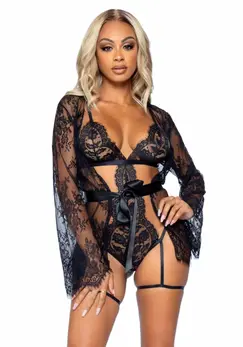 Leg Avenue All Romance Black Lace Lingerie Set with Elegant Jacket - Adjustable Fit