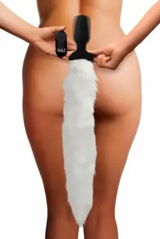 XR Brands Tailz Vibrating Plug with White Faux Fox Tail, Silicone, Remote