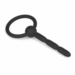 Sinner Gear Ribbed Hollow Silicone Intimate Channel Plug with Ring, Black