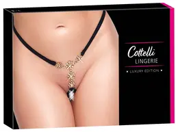 Cottelli LINGERIE String Flowers S-L podesive crne tange sa cirkonima